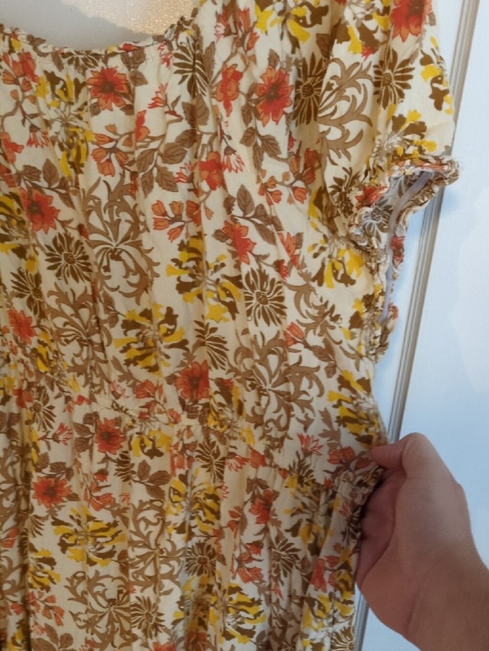 Smocked Floral Midi Dress in Cream, Yellow & Rust - Picture 5 of 5